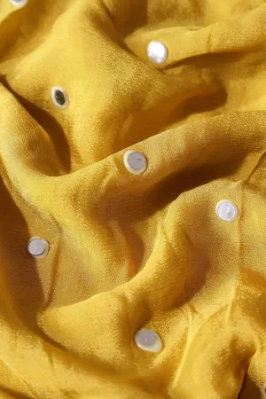 1.75 Meter Cut Piece Of Real Mirror Embroidery Work On Yellow Viscose Chinnon Chiffon Fabric