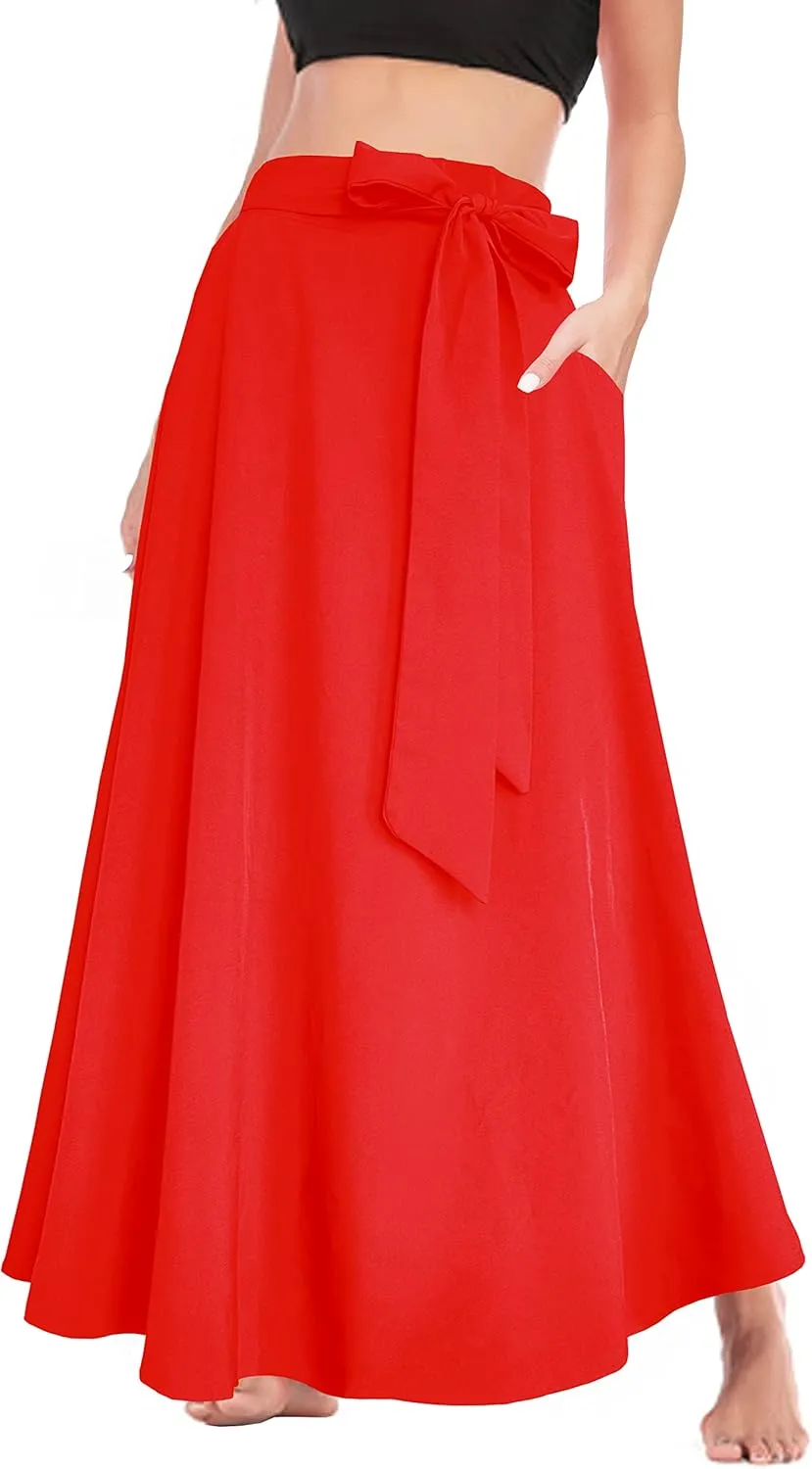 Afibi Women's High Waist Skirt Tie Front A-Line Flowy Long Maxi Skirts with Pockets