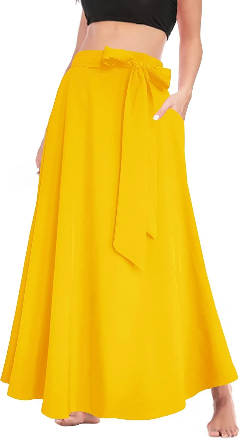 Afibi Women's High Waist Skirt Tie Front A-Line Flowy Long Maxi Skirts with Pockets