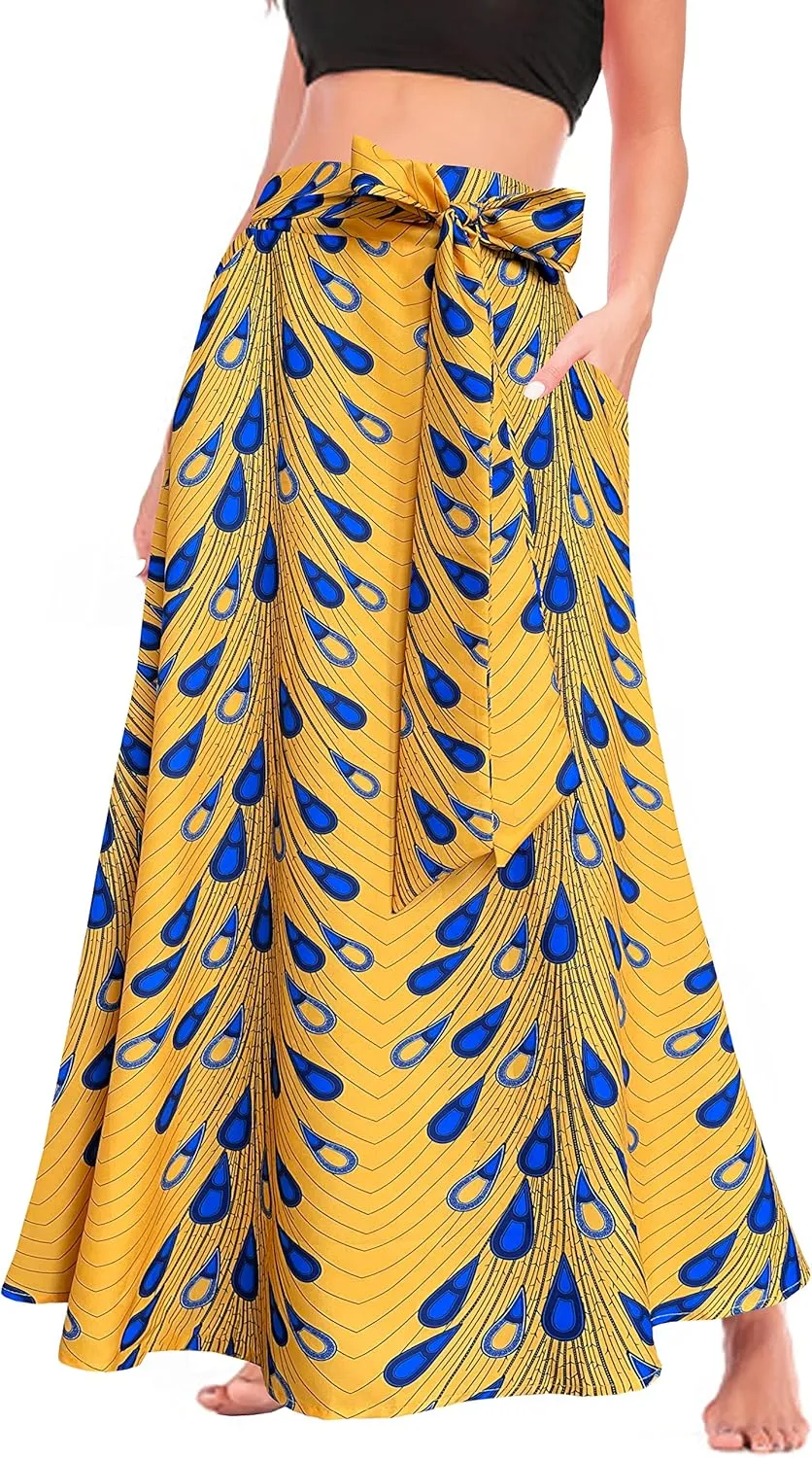 Afibi Women's High Waist Skirt Tie Front A-Line Flowy Long Maxi Skirts with Pockets