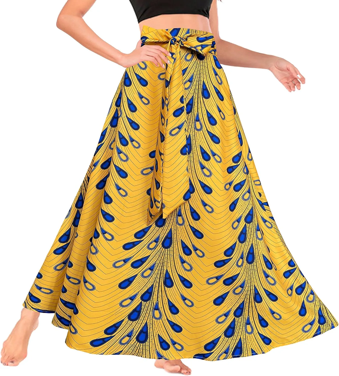 Afibi Women's High Waist Skirt Tie Front A-Line Flowy Long Maxi Skirts with Pockets