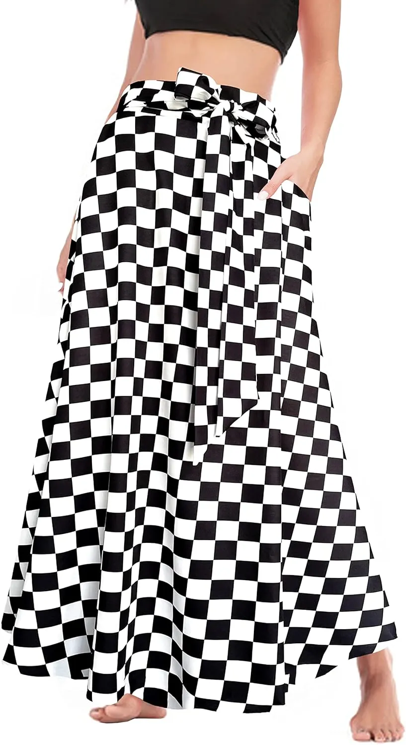 Afibi Women's High Waist Skirt Tie Front A-Line Flowy Long Maxi Skirts with Pockets