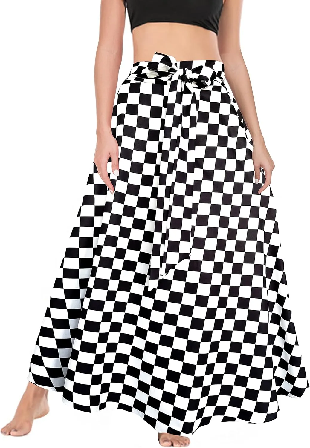 Afibi Women's High Waist Skirt Tie Front A-Line Flowy Long Maxi Skirts with Pockets