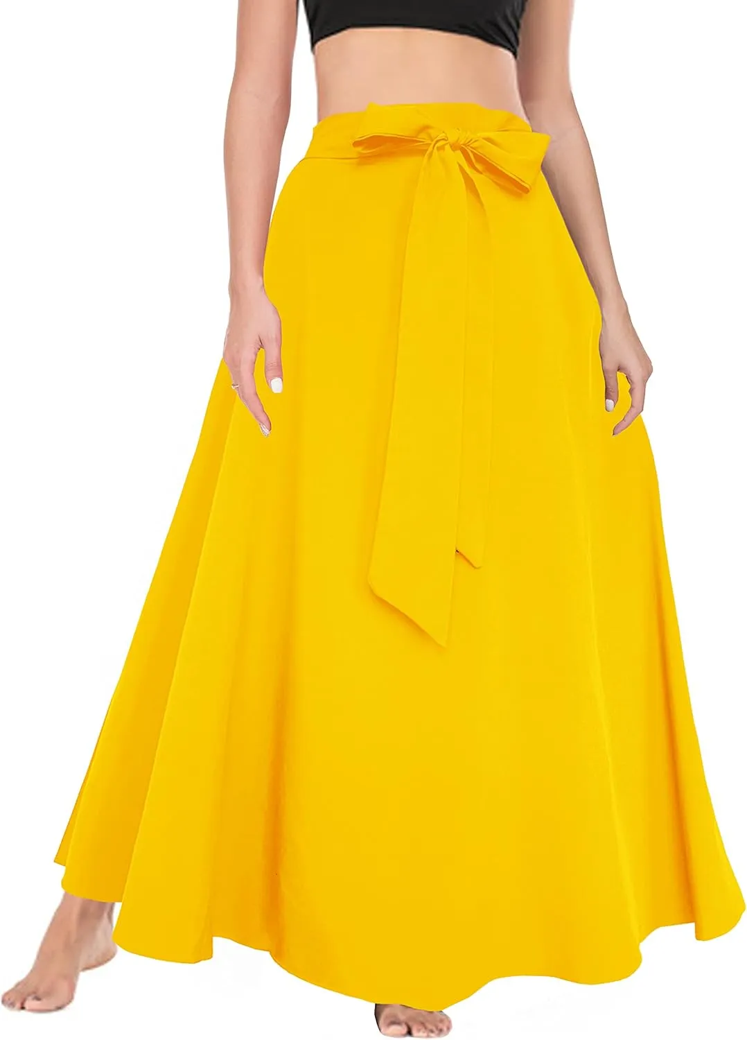 Afibi Women's High Waist Skirt Tie Front A-Line Flowy Long Maxi Skirts with Pockets