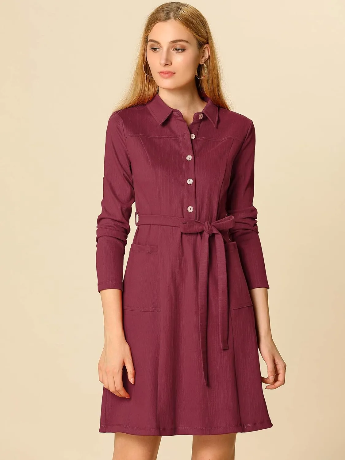 Allegra K Women's Chambray Dress Half Placket Long Sleeve Belted Casual Safari Dress