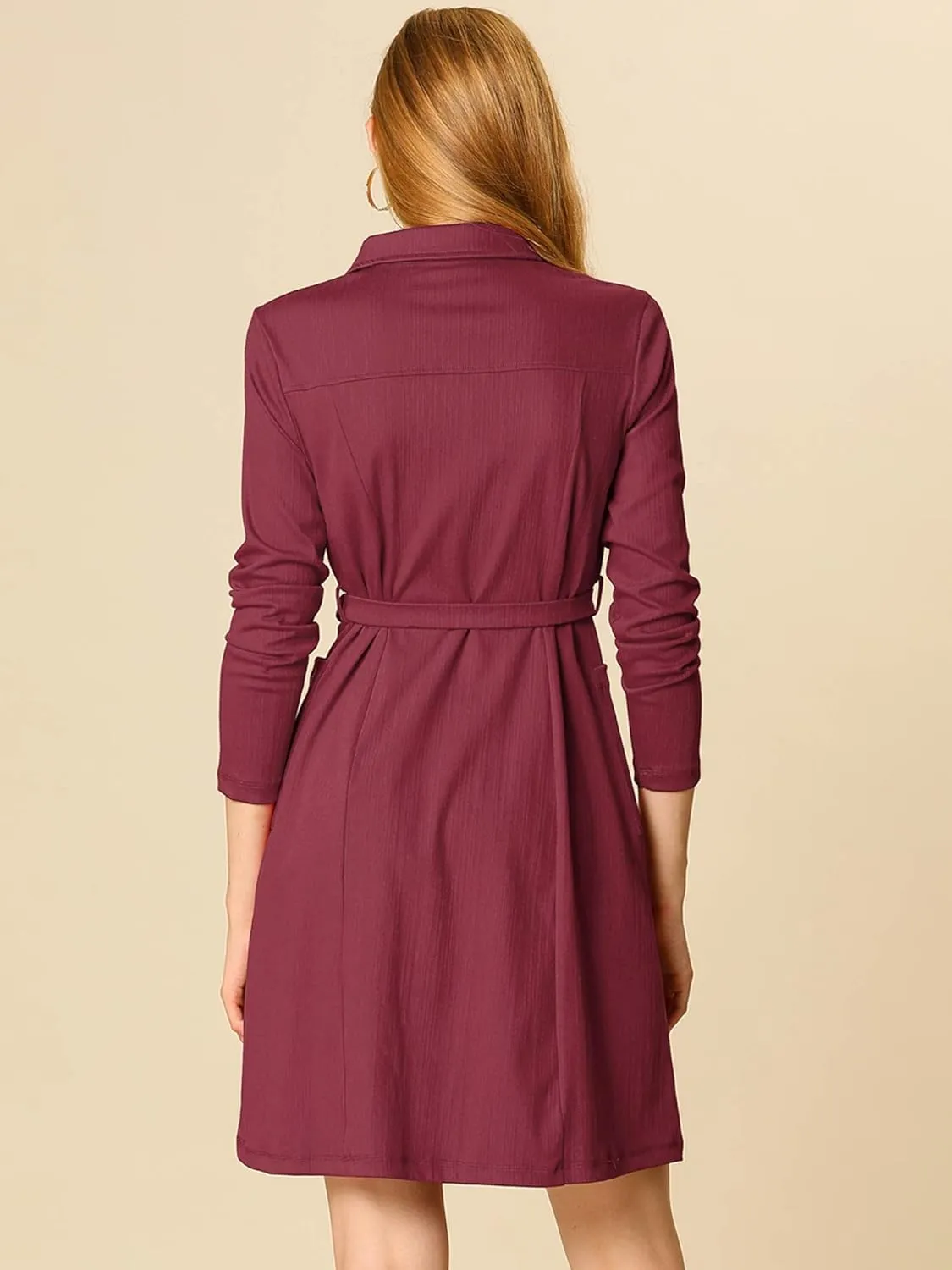 Allegra K Women's Chambray Dress Half Placket Long Sleeve Belted Casual Safari Dress