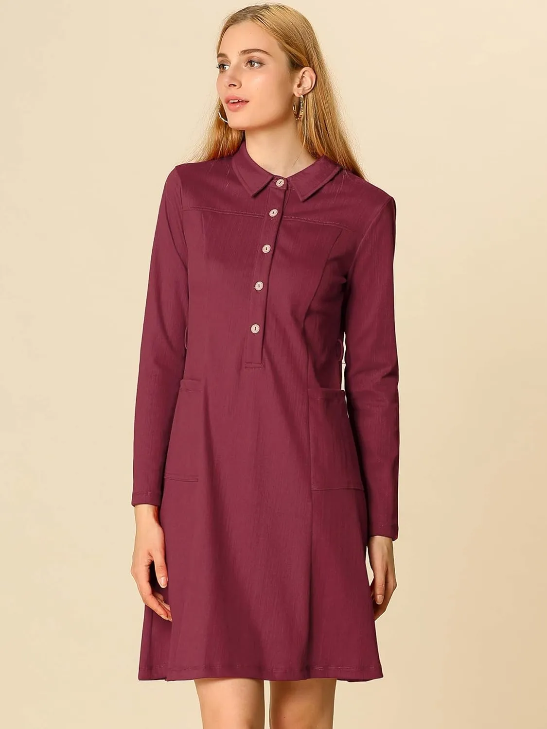 Allegra K Women's Chambray Dress Half Placket Long Sleeve Belted Casual Safari Dress