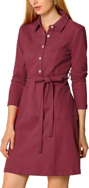 Allegra K Women's Chambray Dress Half Placket Long Sleeve Belted Casual Safari Dress