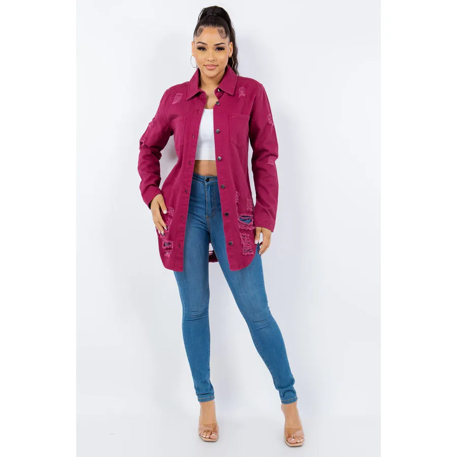 American Bazi Distressed Button Up Long Sleeve Denim Jacket