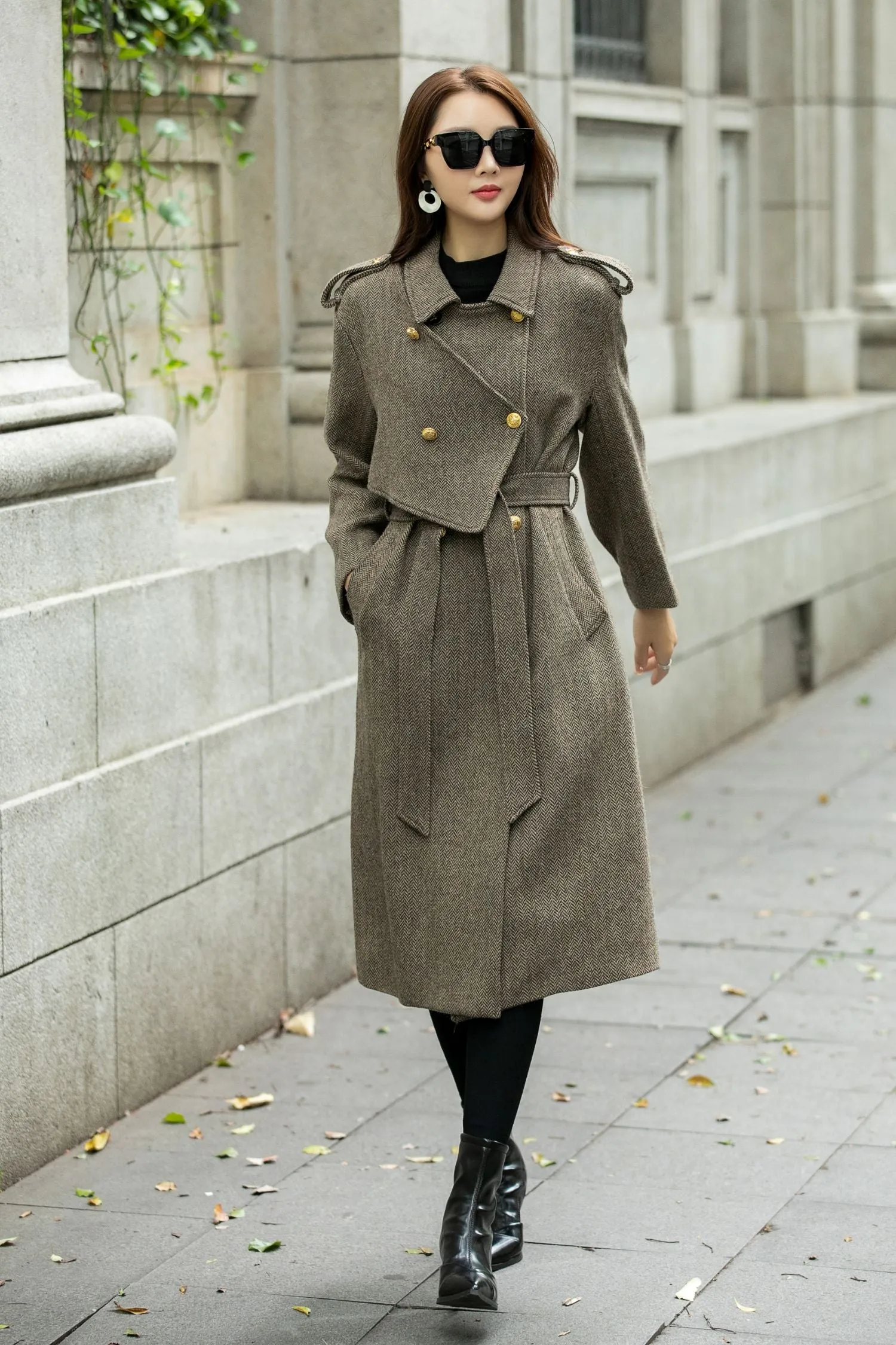 Asymmetrical double breasted long trench wool coat C4498