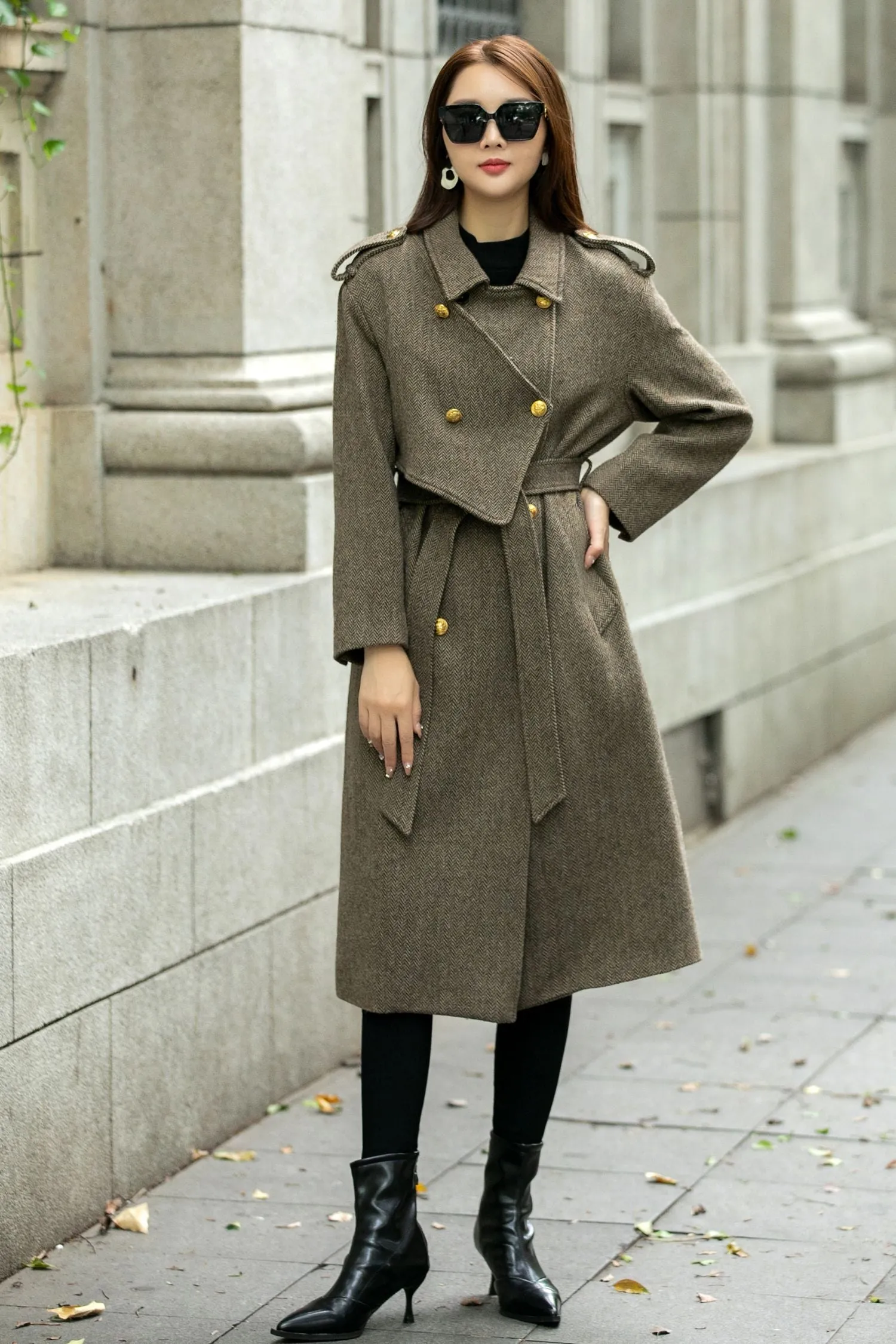 Asymmetrical double breasted long trench wool coat C4498