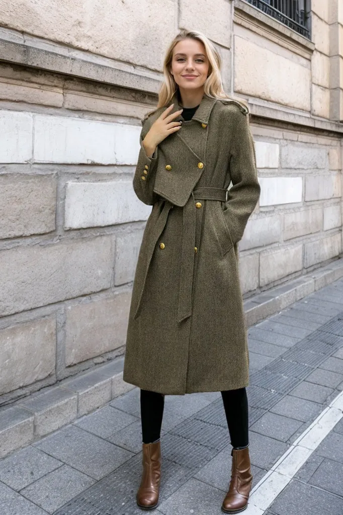 Asymmetrical double breasted long trench wool coat C4498