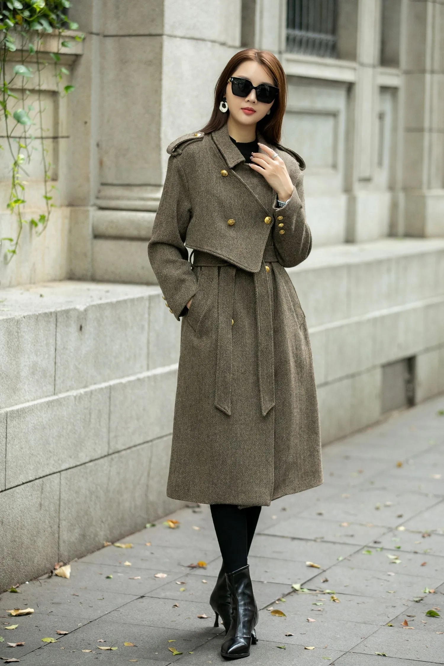 Asymmetrical double breasted long trench wool coat C4498