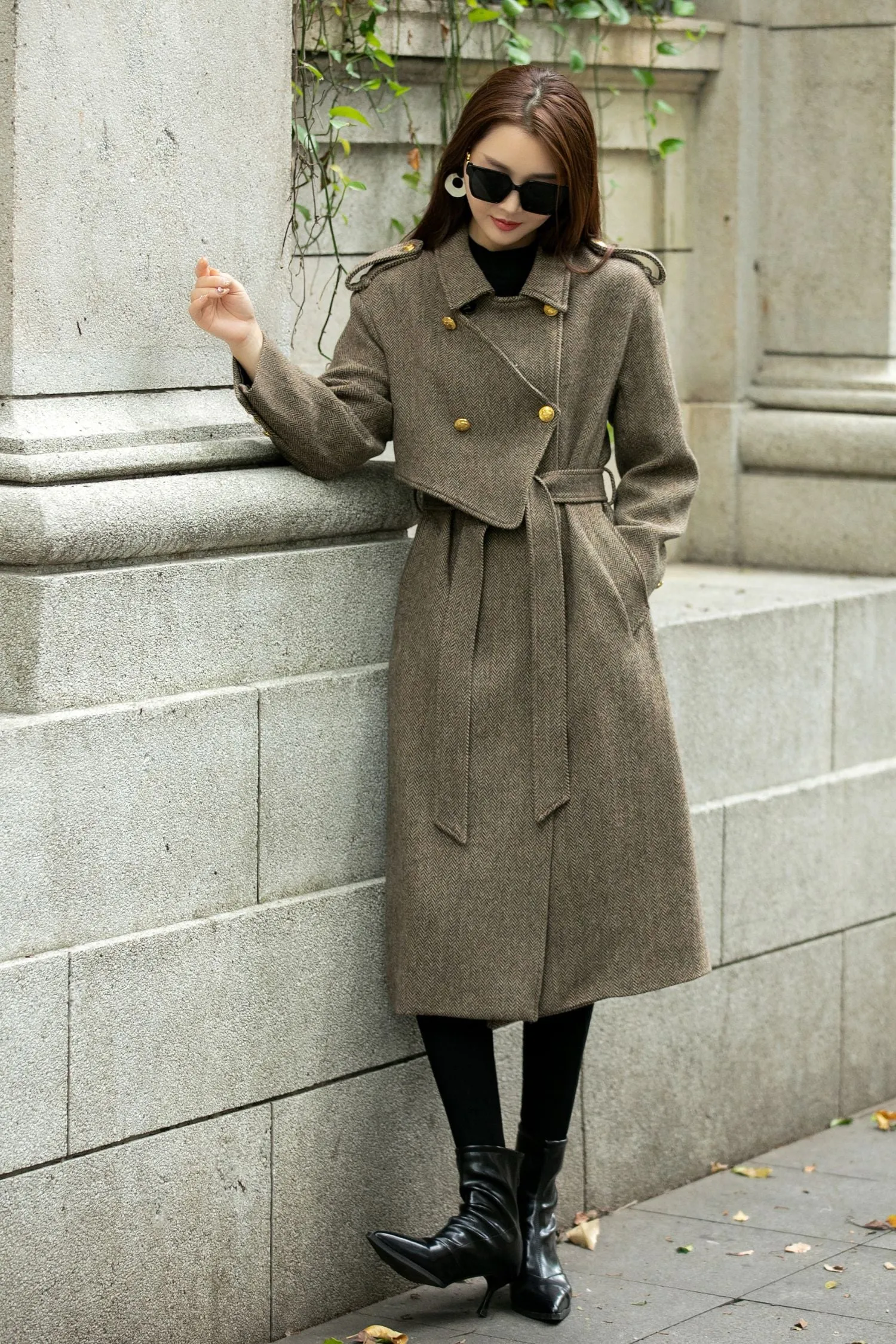 Asymmetrical double breasted long trench wool coat C4498