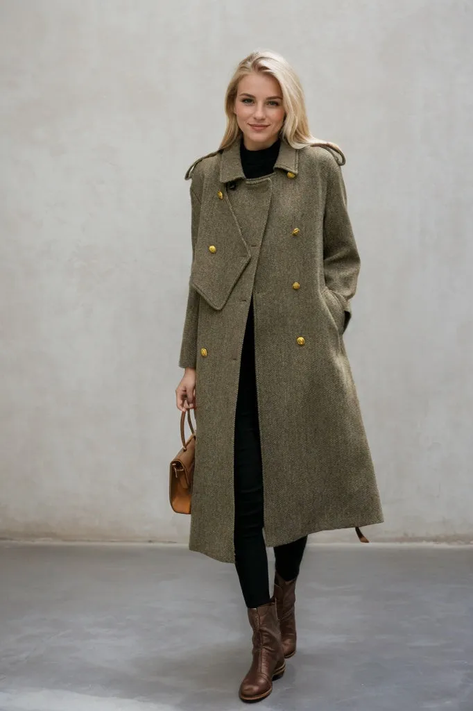 Asymmetrical double breasted long trench wool coat C4498
