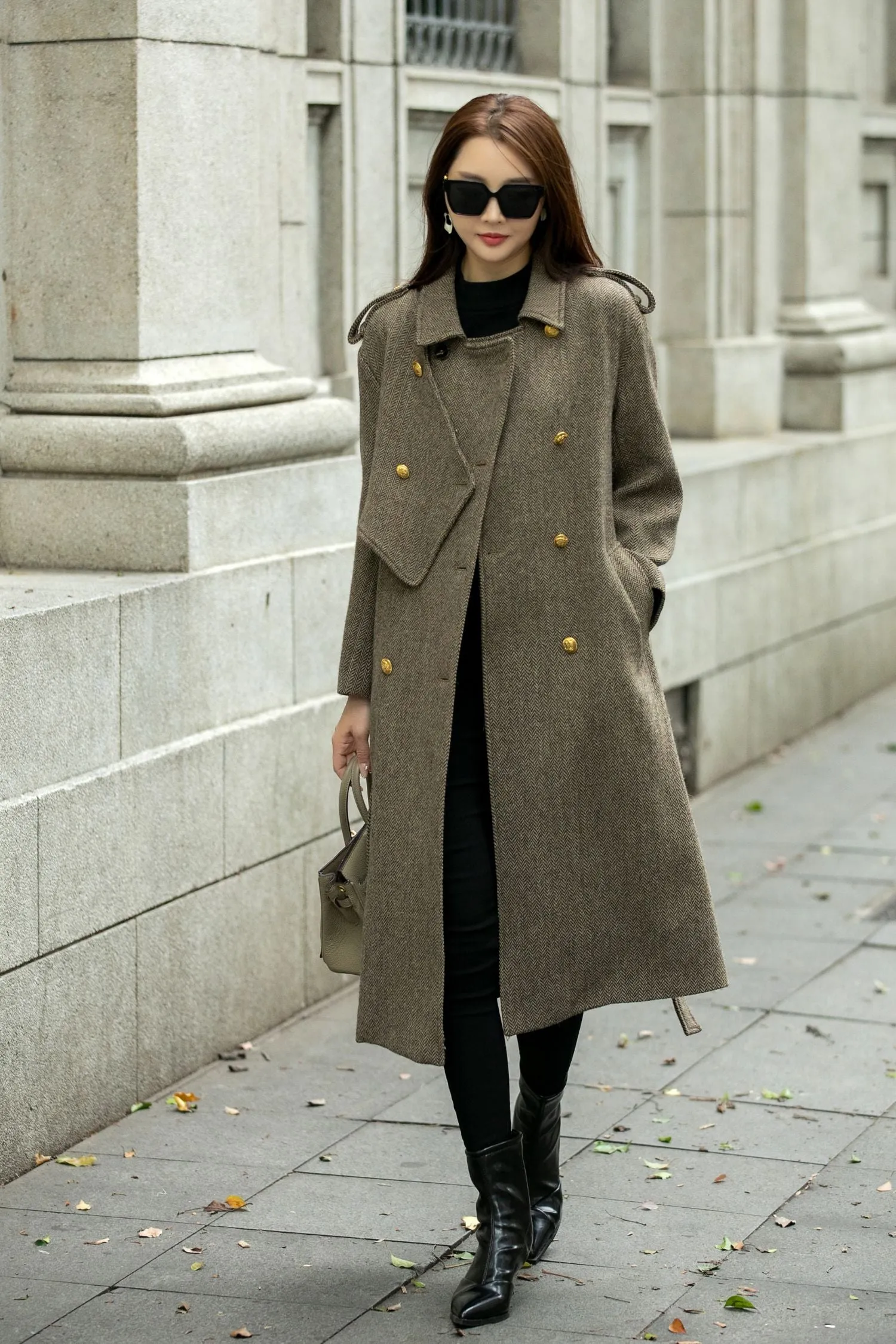 Asymmetrical double breasted long trench wool coat C4498