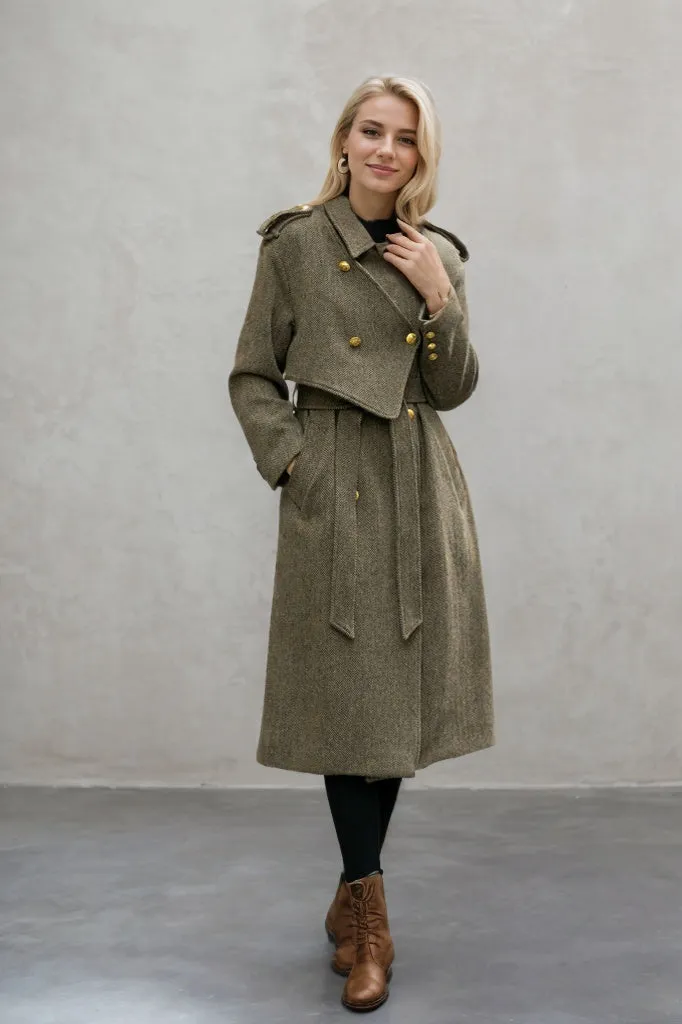 Asymmetrical double breasted long trench wool coat C4498