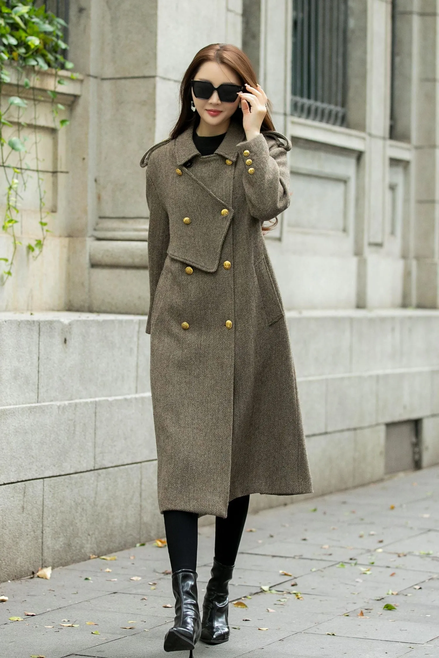 Asymmetrical double breasted long trench wool coat C4498