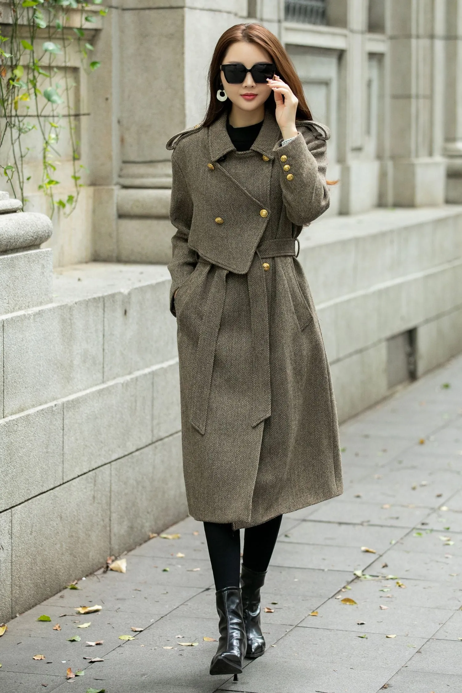 Asymmetrical double breasted long trench wool coat C4498