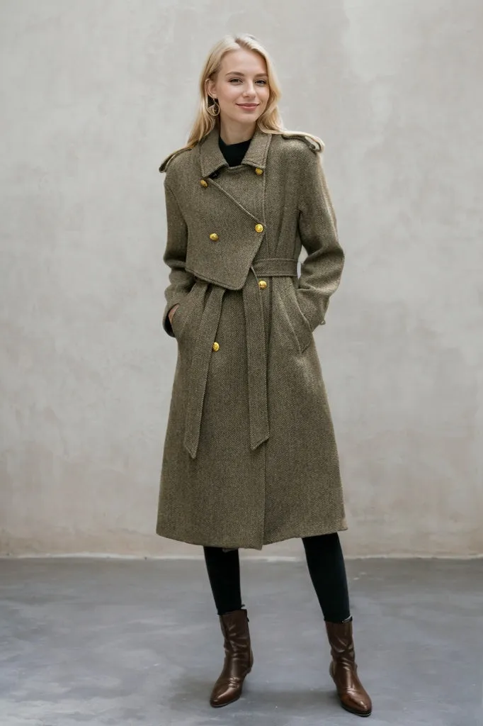 Asymmetrical double breasted long trench wool coat C4498
