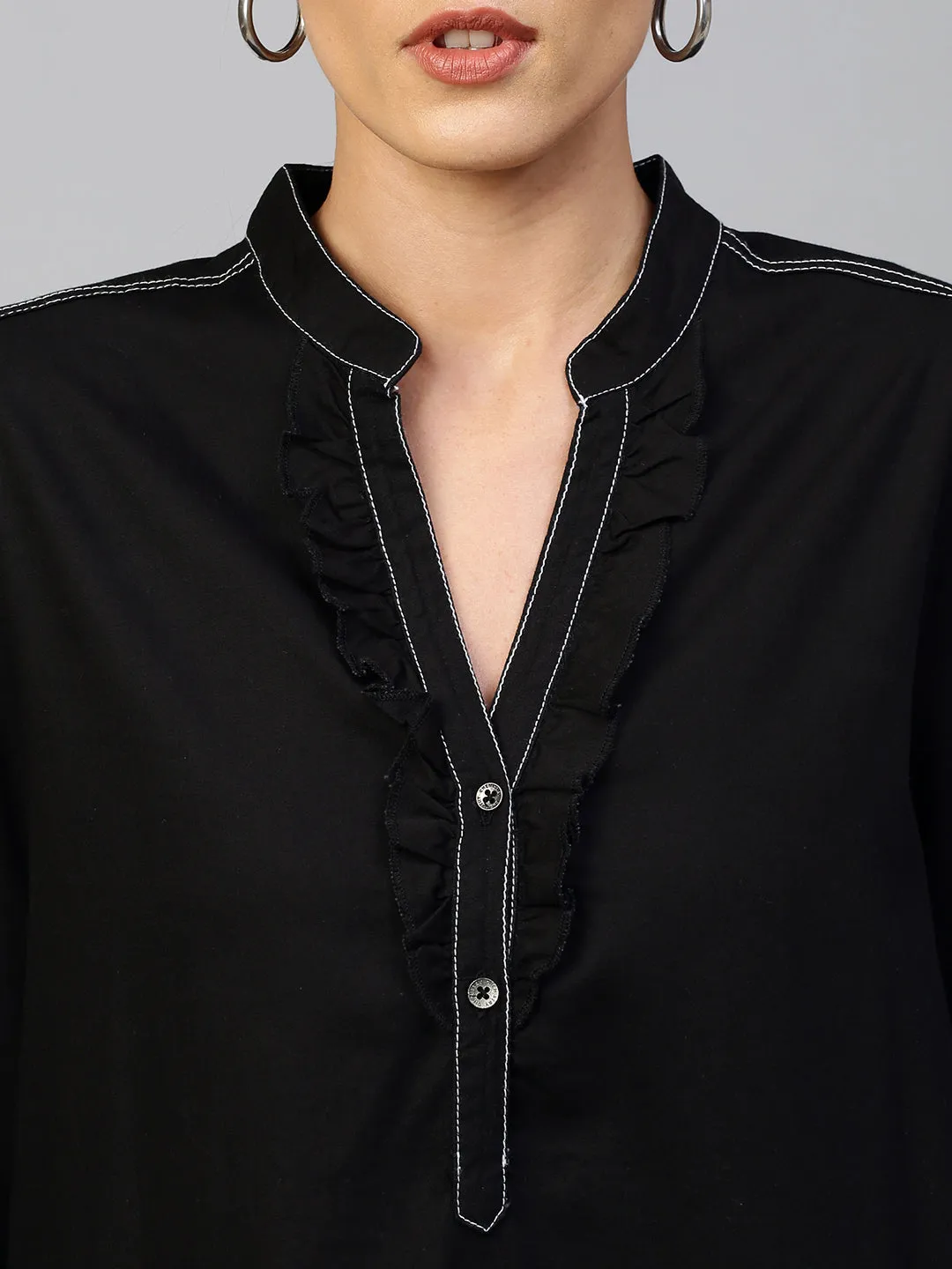 Black Light Weight Denim Longline Shirt Dress With Contrast Sewing