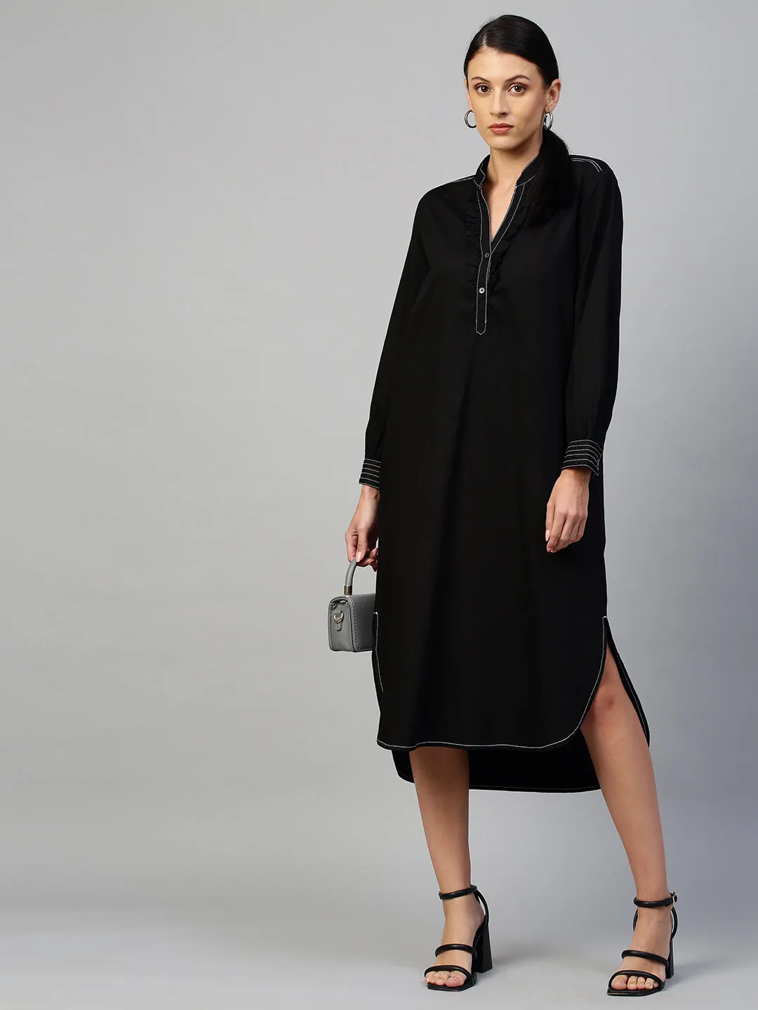 Black Light Weight Denim Longline Shirt Dress With Contrast Sewing