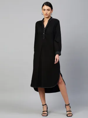 Black Light Weight Denim Longline Shirt Dress With Contrast Sewing