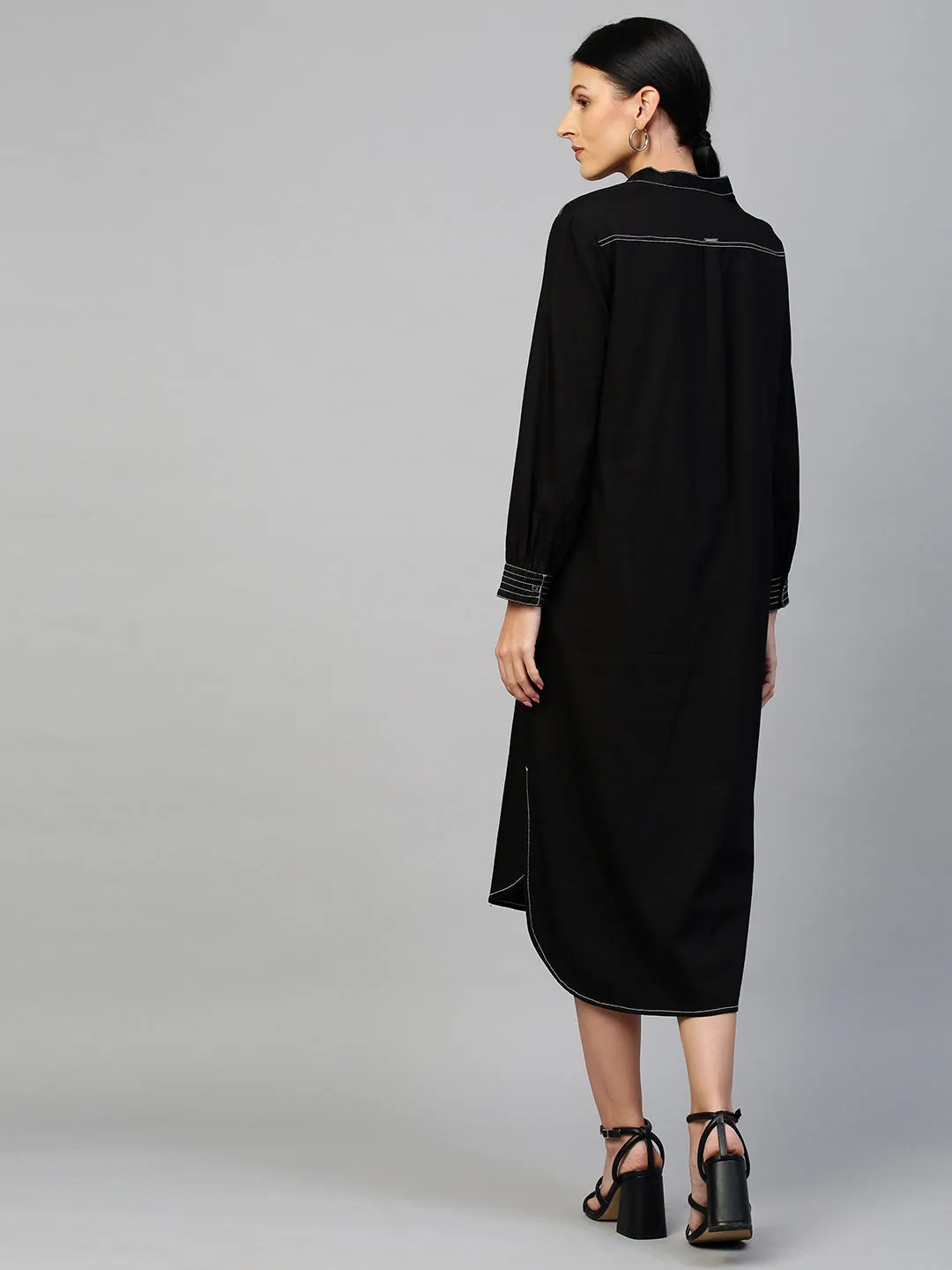 Black Light Weight Denim Longline Shirt Dress With Contrast Sewing