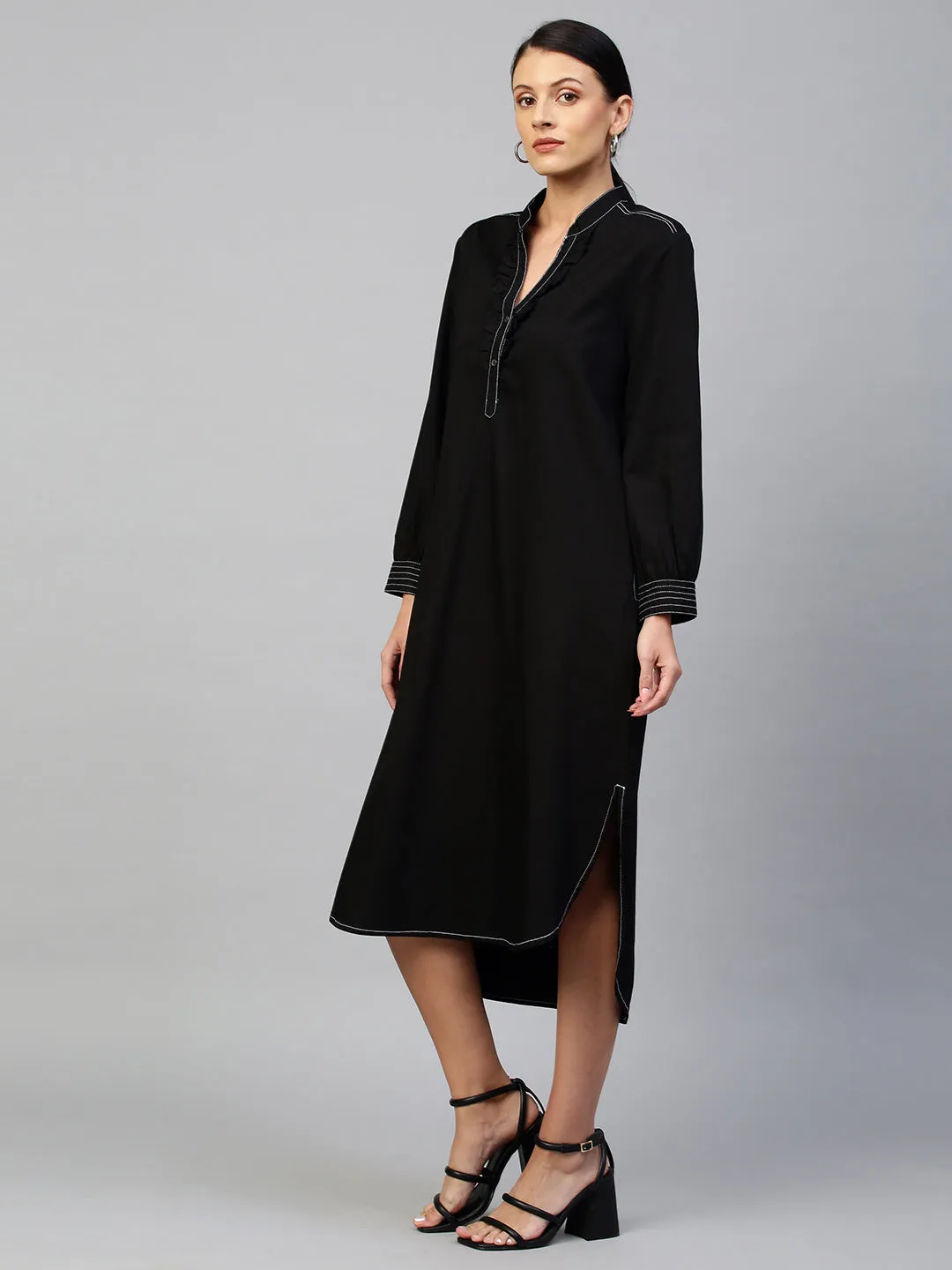 Black Light Weight Denim Longline Shirt Dress With Contrast Sewing