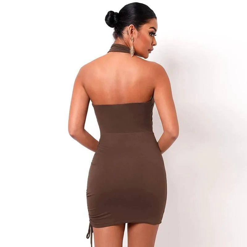 Brown Halter Wrap Ruched Cutout Mini Dress