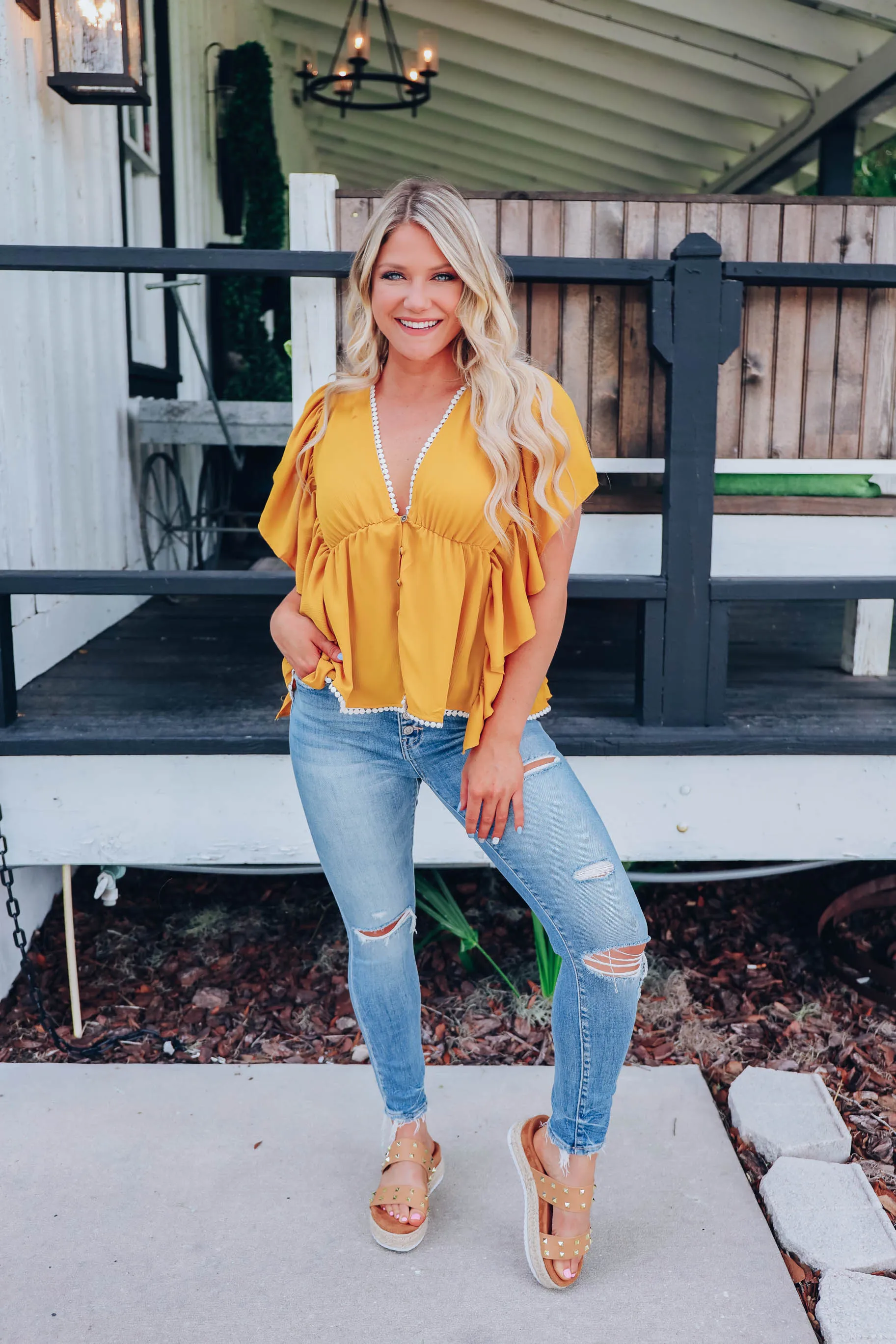 Bryna Butterfly Sleeve Blouse - Mustard