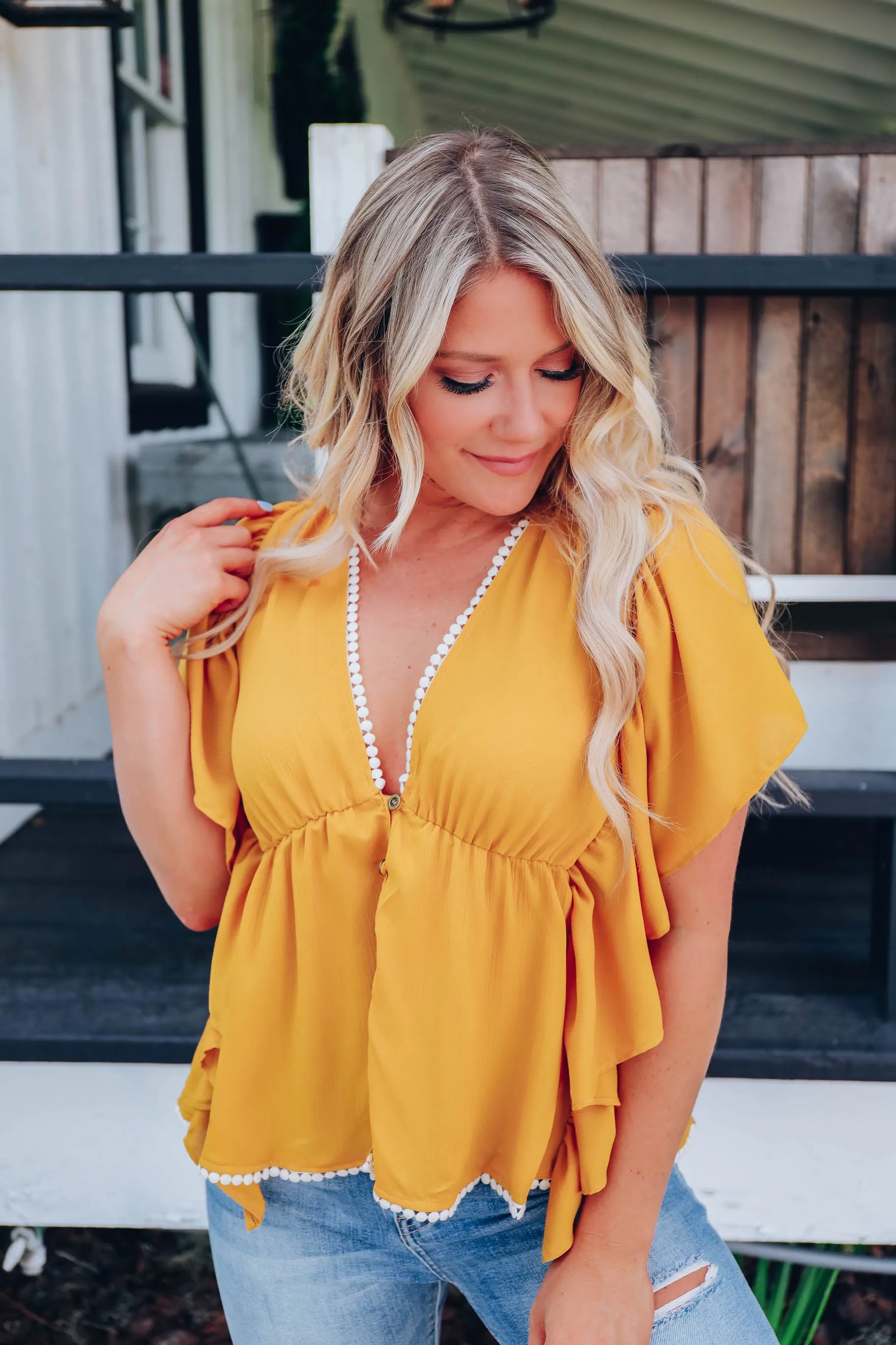 Bryna Butterfly Sleeve Blouse - Mustard