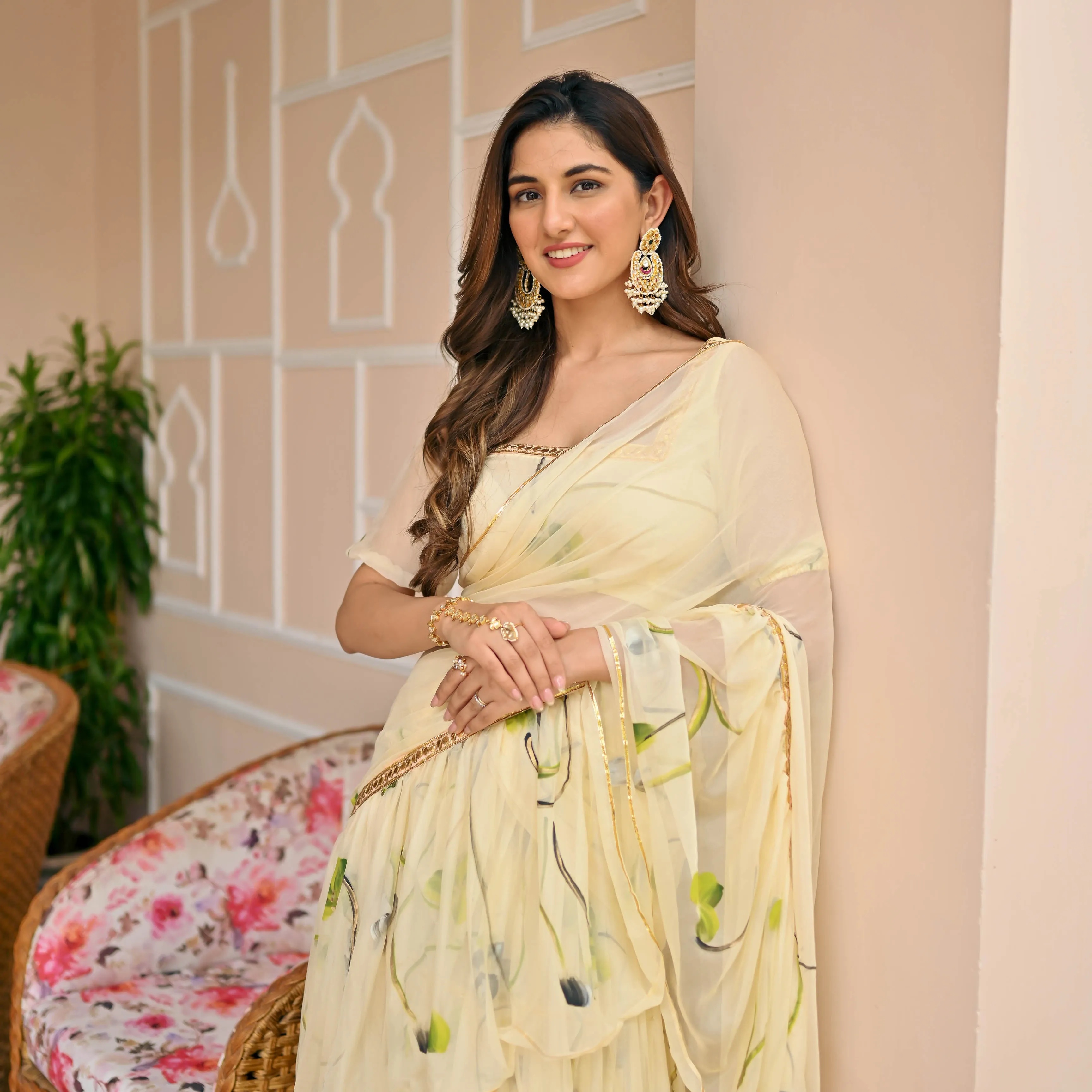 Bunaai Pearled Ivory Draped Saree with Blouse