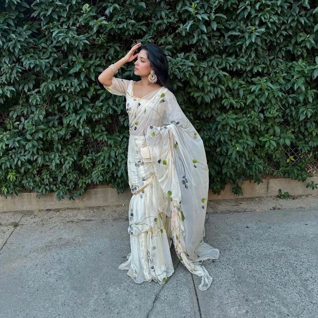 Bunaai Pearled Ivory Draped Saree with Blouse