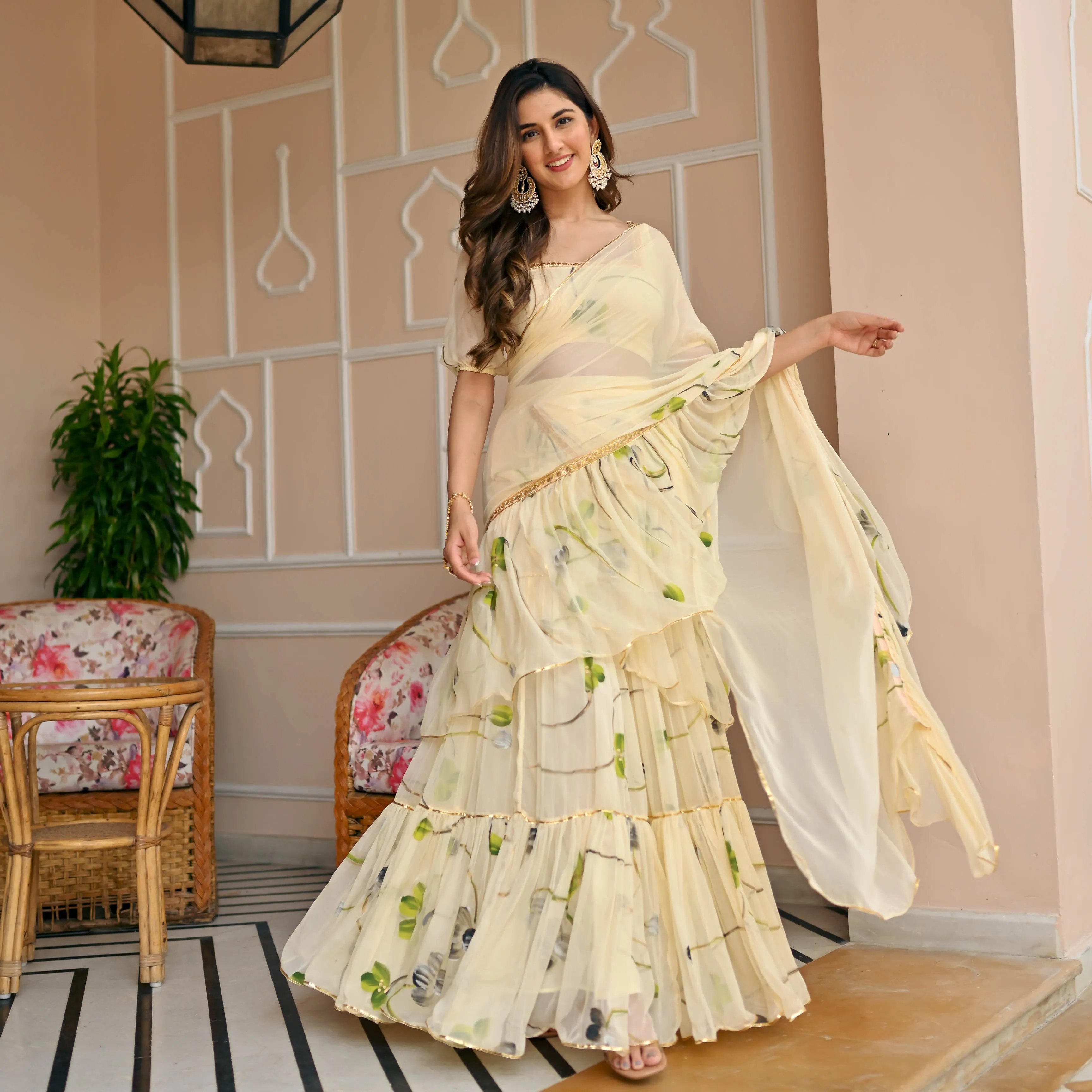 Bunaai Pearled Ivory Draped Saree with Blouse