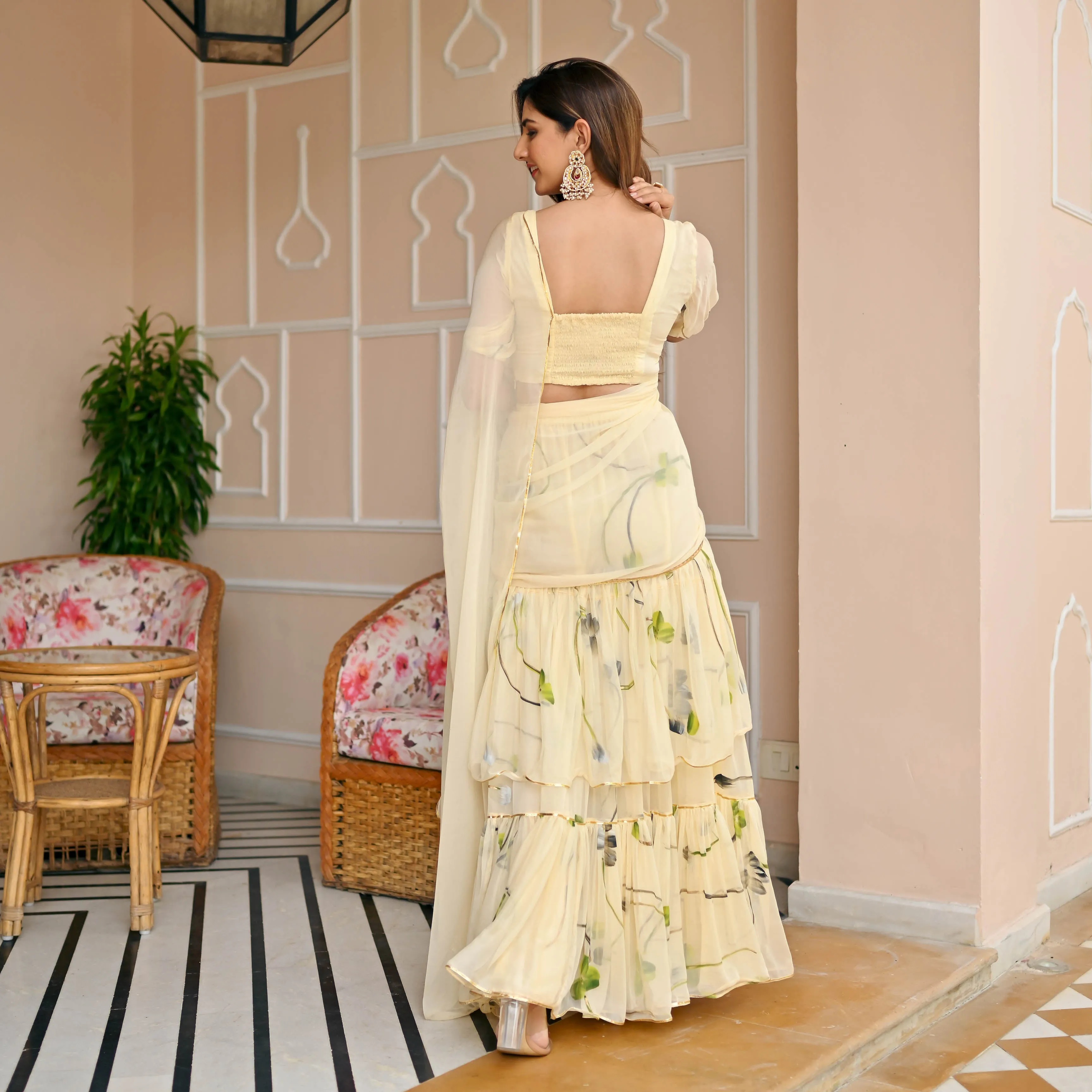 Bunaai Pearled Ivory Draped Saree with Blouse