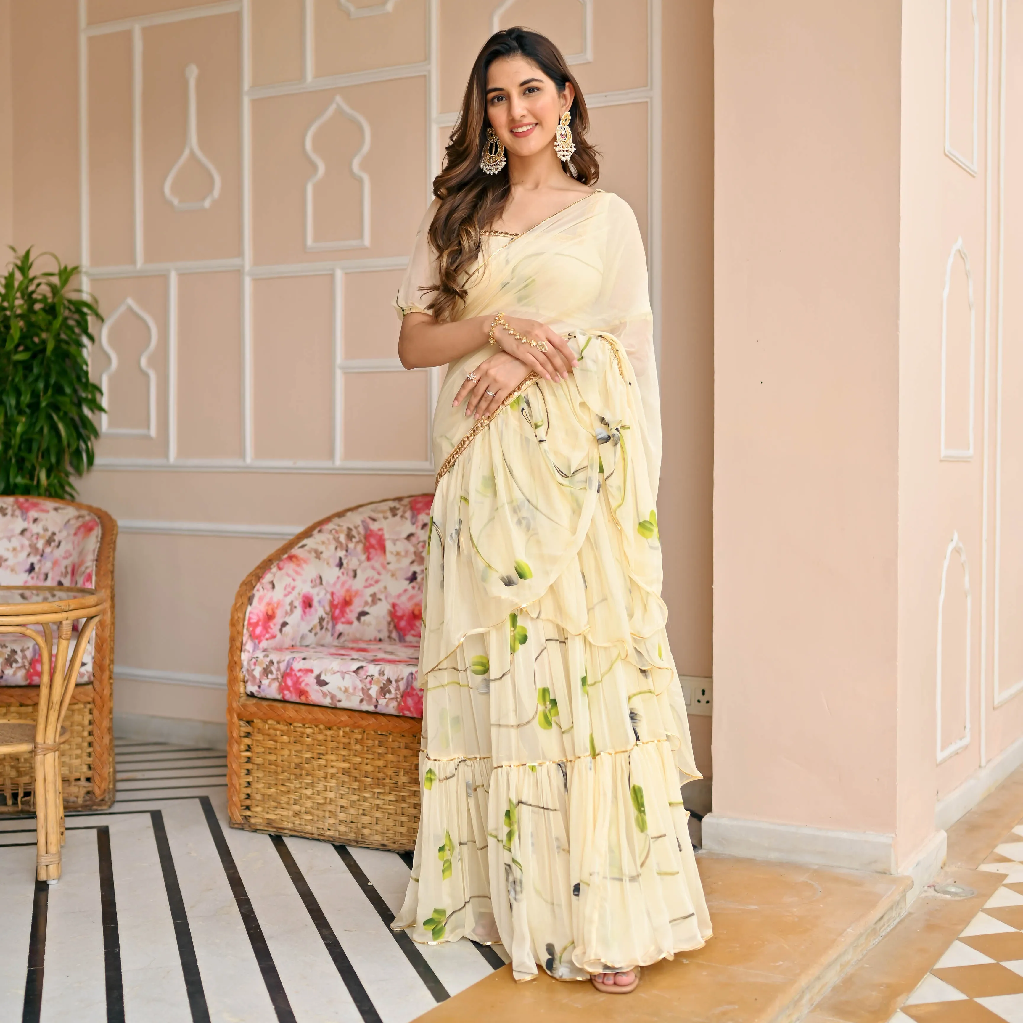 Bunaai Pearled Ivory Draped Saree with Blouse
