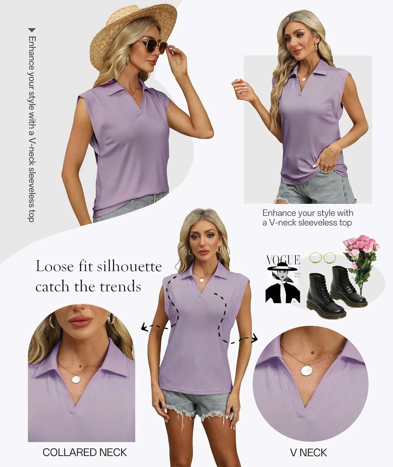 Cap Sleeve Tops for Women 2025 Summer Sleeveless Polo Shirts Collared V Neck Blouses Dressy Casual Work Tank Top