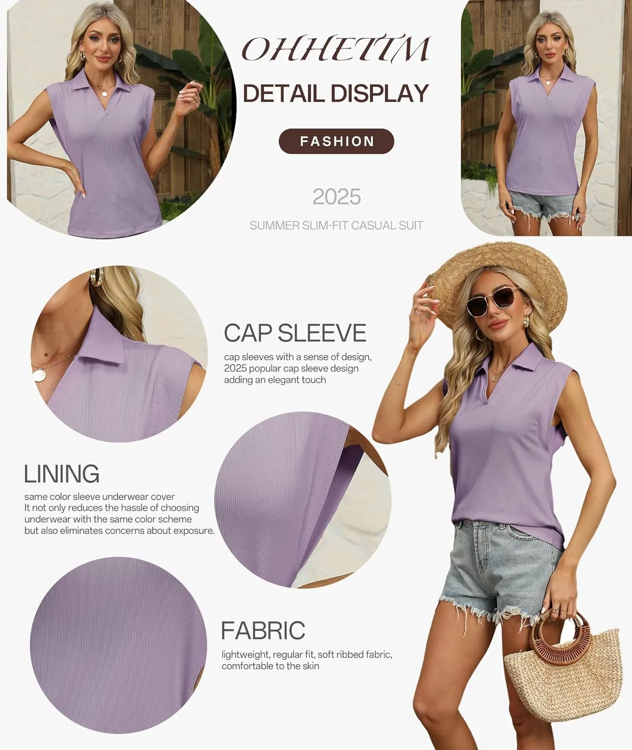 Cap Sleeve Tops for Women 2025 Summer Sleeveless Polo Shirts Collared V Neck Blouses Dressy Casual Work Tank Top