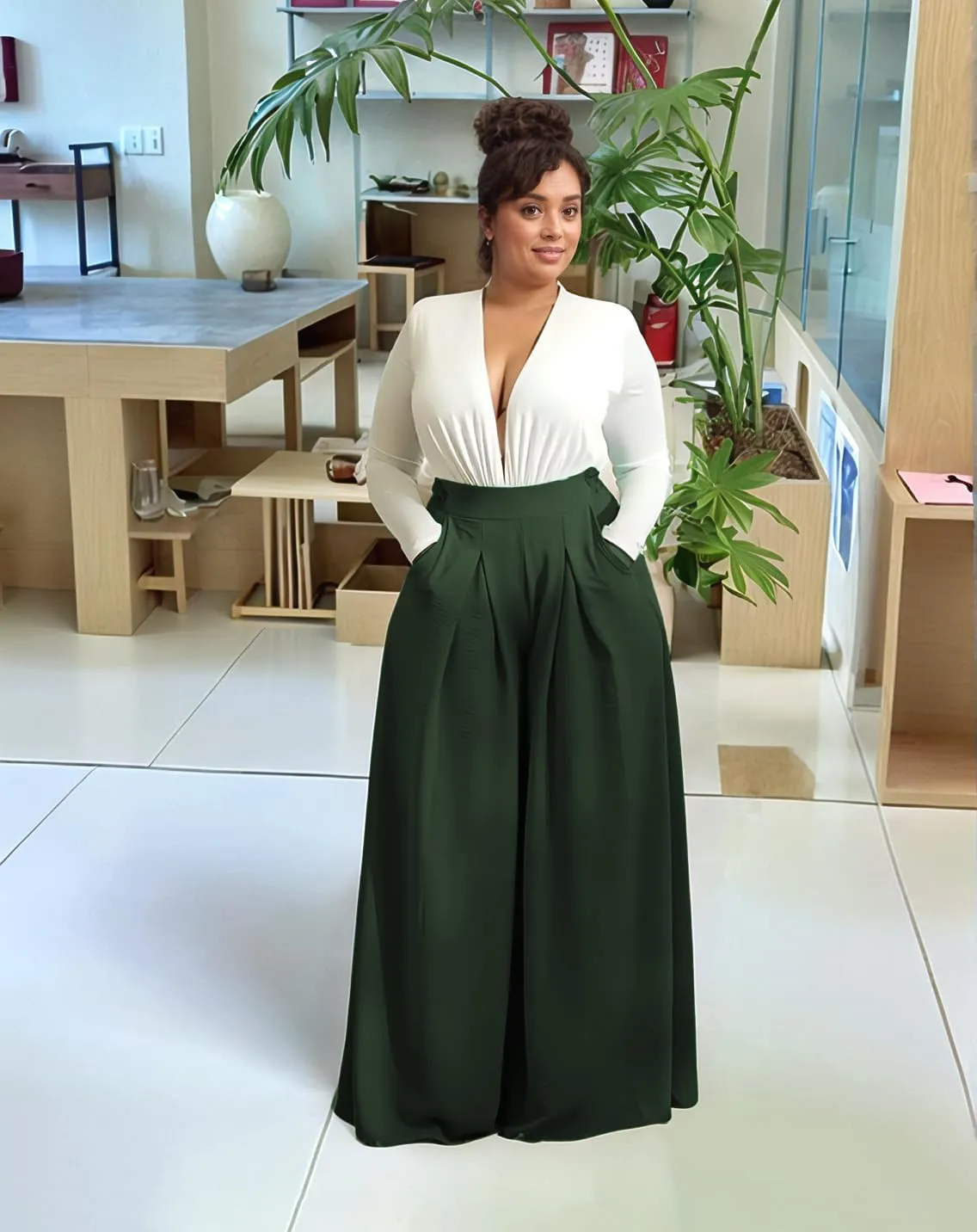 Casual Plus Size Wide Leg Palazzo Pants for Women Lounge High Waist Skirt Pants with Pockets Elastic Waistband