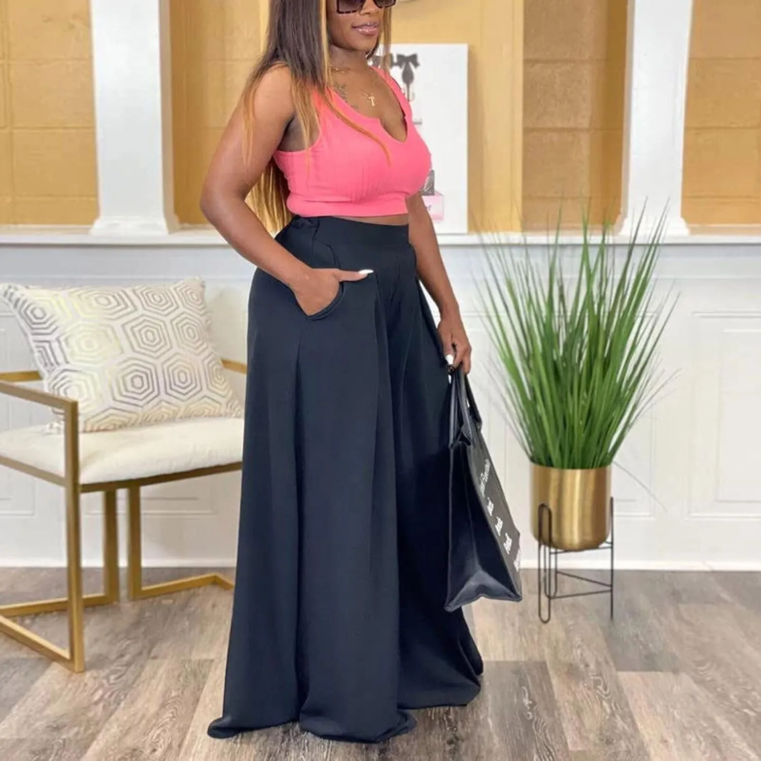 Casual Plus Size Wide Leg Palazzo Pants for Women Lounge High Waist Skirt Pants with Pockets Elastic Waistband