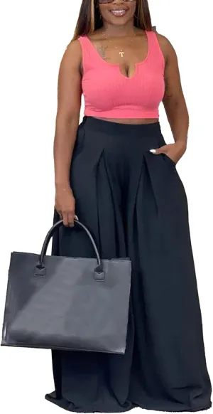 Casual Plus Size Wide Leg Palazzo Pants for Women Lounge High Waist Skirt Pants with Pockets Elastic Waistband