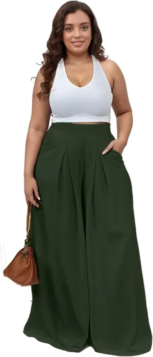 Casual Plus Size Wide Leg Palazzo Pants for Women Lounge High Waist Skirt Pants with Pockets Elastic Waistband