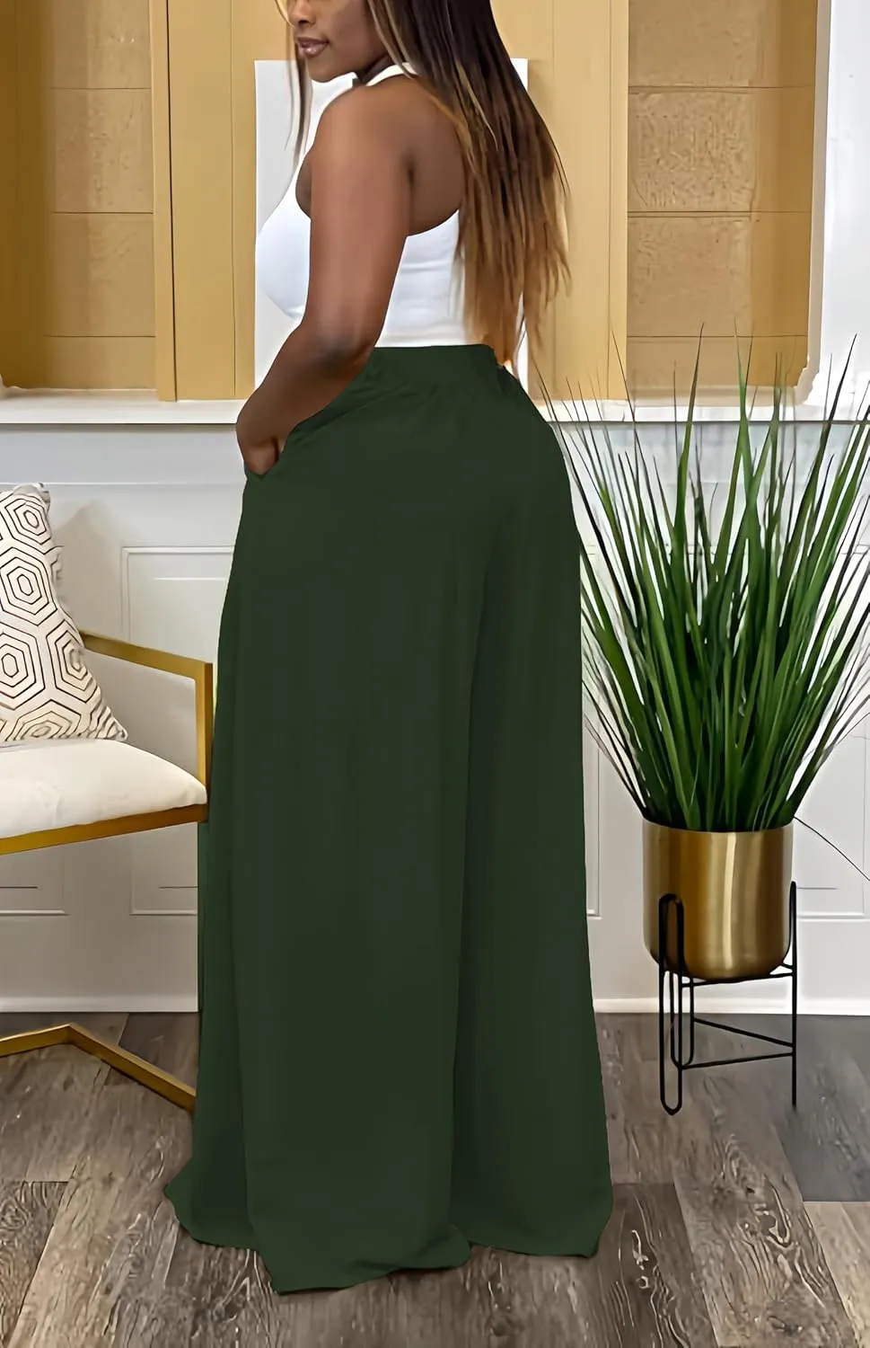 Casual Plus Size Wide Leg Palazzo Pants for Women Lounge High Waist Skirt Pants with Pockets Elastic Waistband