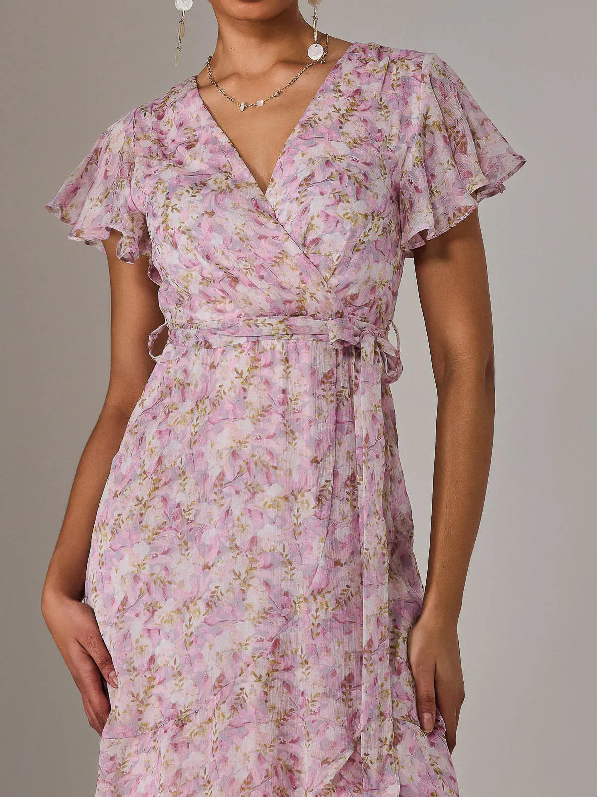Chiffon Wrap Midi Dress, Pink Floral