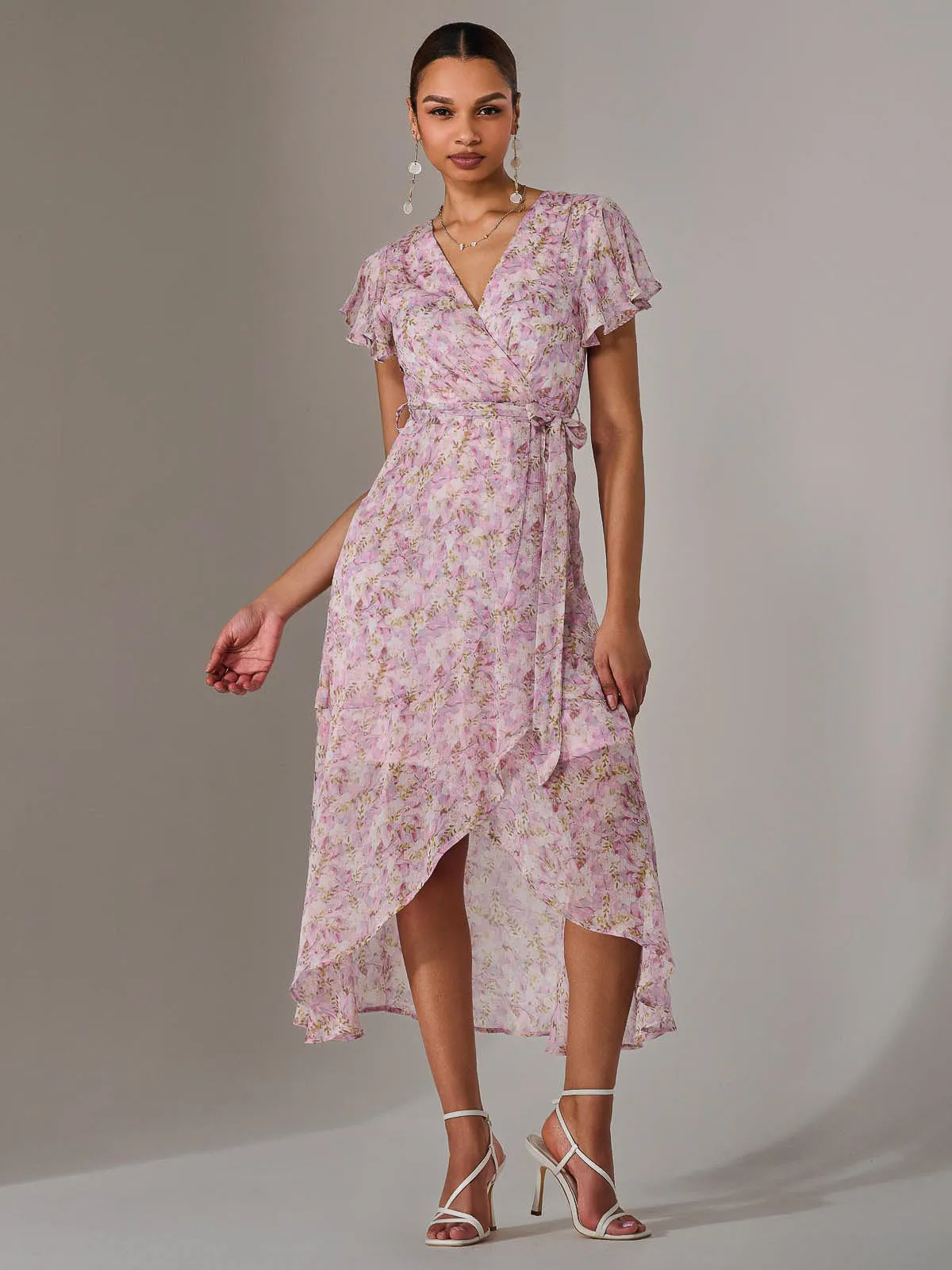 Chiffon Wrap Midi Dress, Pink Floral