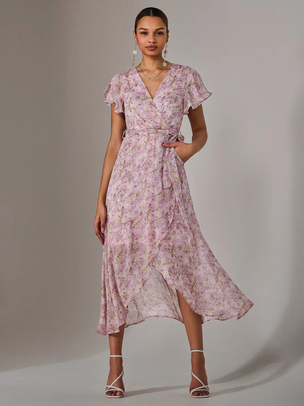 Chiffon Wrap Midi Dress, Pink Floral