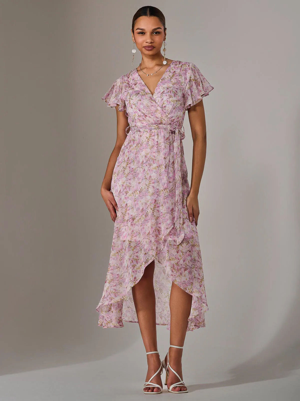 Chiffon Wrap Midi Dress, Pink Floral