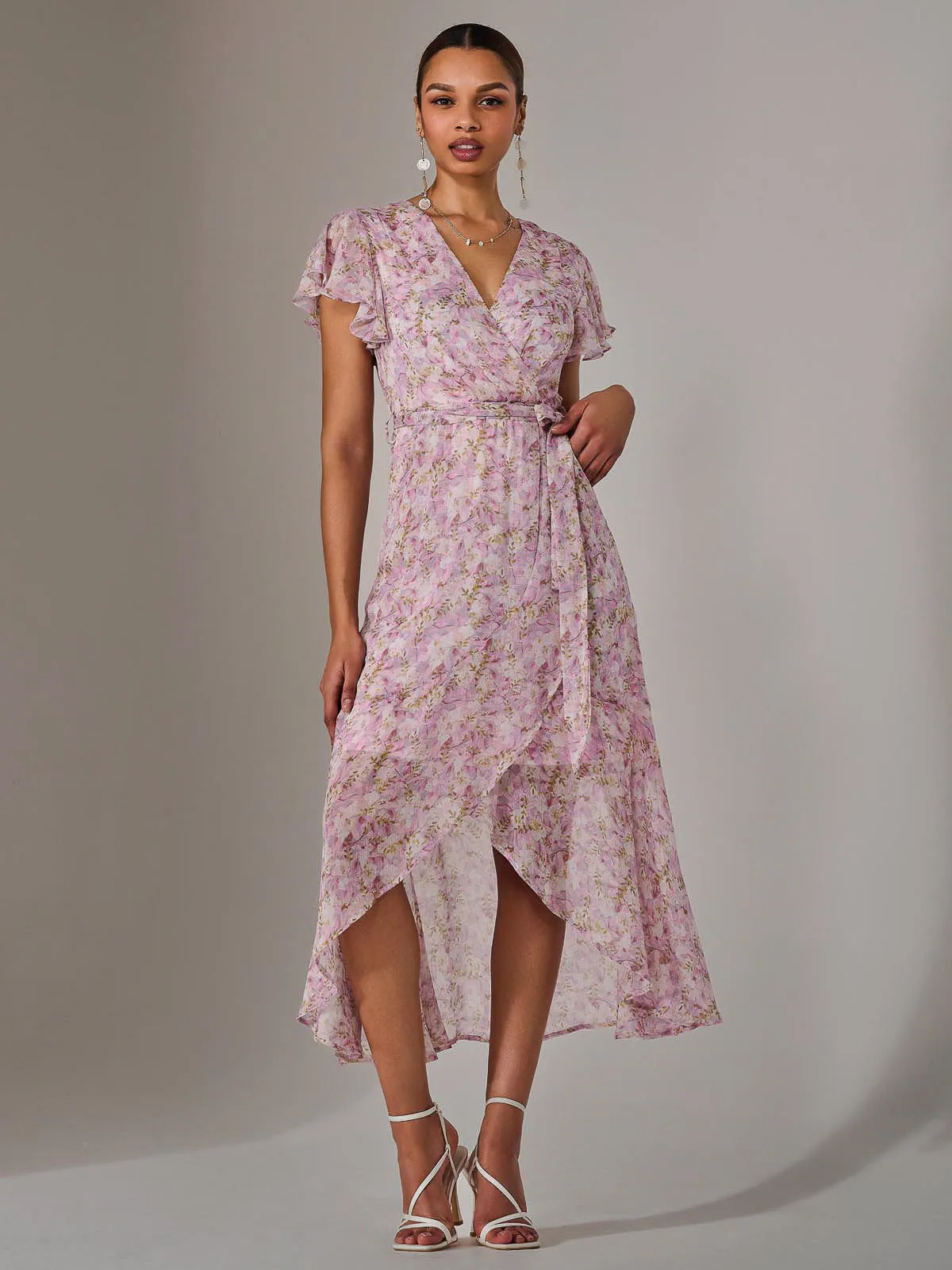 Chiffon Wrap Midi Dress, Pink Floral