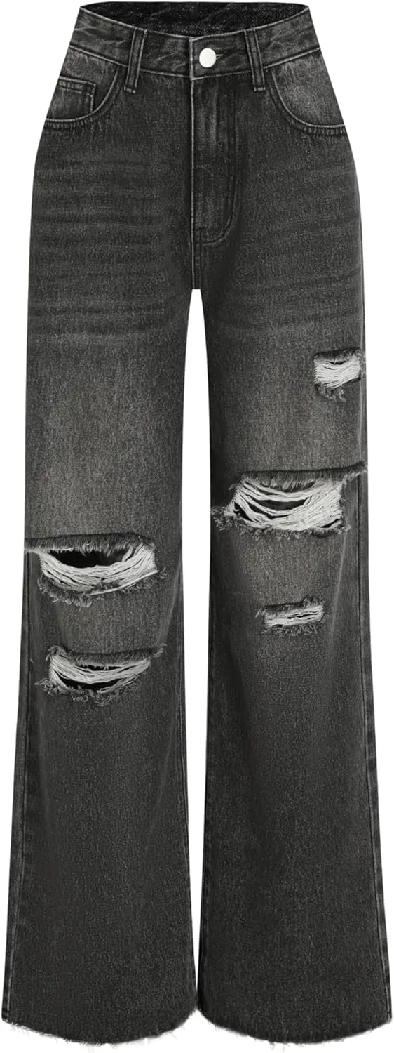CIDER Womens Ripped Jeans High Waisted Distressed Baggy Straight Wide Leg Pants